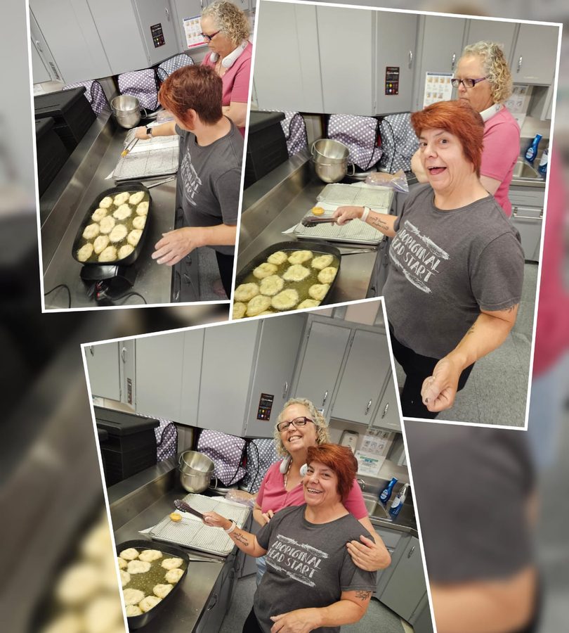 Staff frying bannock together in the centre kitchen, shown as a set of three photographs.